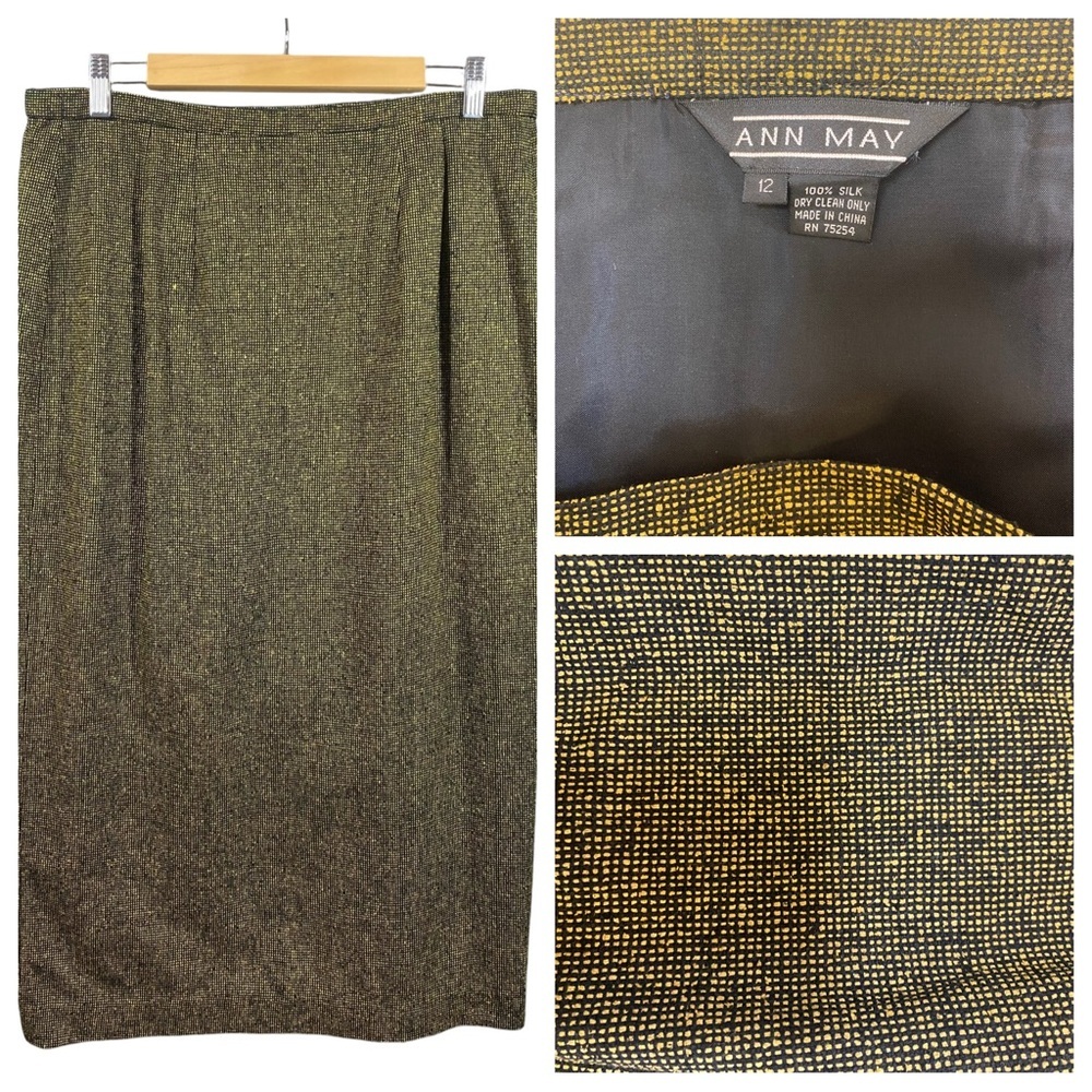 Ann May Women Silk Tweed Skirt Size‎ 12 34W Black Gold Vintage 80s Fully Lined
